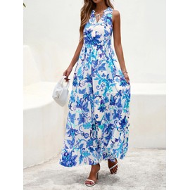 BTFBM Womens Summer Maxi Dresses 2025 Casual Sleeveless V Neck Loose Fit Floral Boho Dress Beach Long Sundress(White Blue Flower,Medium)