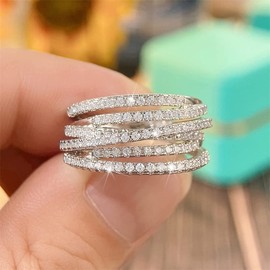 Ganquya Retro Geometric Lines Criss Cross Engagement Statement Ring for Women,Plated Silver Band Ring Wide Index Finger Rings Costume Jewelry(8)