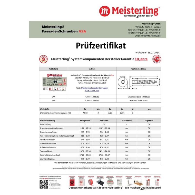 Meisterling® Facade Screws Stainless Steel V2A 4.8 x 38 mm