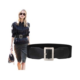 SUOSDEY Women's Elastic Wide Belt 7.5 cm Wide Black Waist Belt Vintage with Rectangular Buckle, Black - Silver Buckle