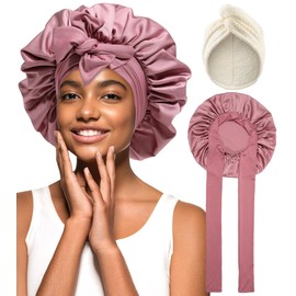 Coubeau Hair cap for the night, sleep cap, silk turban towel with button, microfibre towel, hair combination of dry hair cap and satin sleep cap