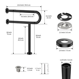 Toilet Support Rail 23.4X 28 Inch, Munzong Anti-Slip Black Handicap Grab Bar for Bathroom, Stainless Steel Knurled Safety handrails with Leg for Elderly Disabled Pregnant-1.25’Tube