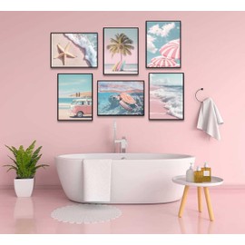 6 piezas de arte de pared de verano playero, estampado de océano tropical rosa fresco, sillas de playa, tabla de surf, palmera, decoración de pared, lona retro costero, autobús, rosa, furgoneta