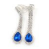 Sapphire Blue/Clear Crystal Teardrop Clip On Earrings In Silver Tone