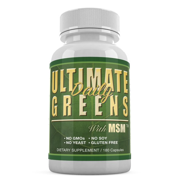 Daily Health, Ultimate Greens with MSM 1925mg Vegan Friendly Natural Ingredients Gluten Soy Free NO GMO Superfood Vegetable Nutritional Alkalizing Immune Energy Support Supplement 180 Capsules