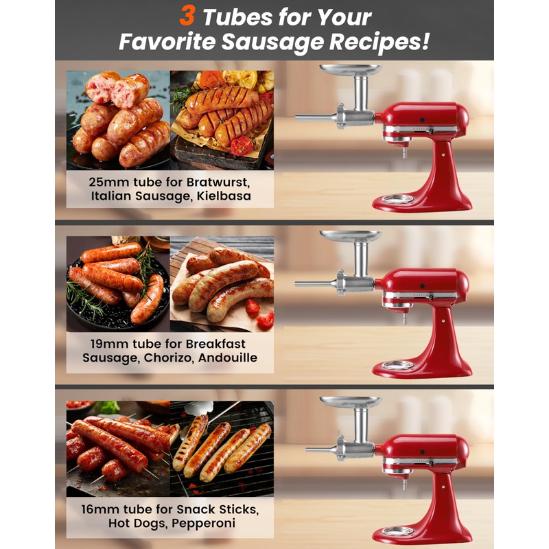 Rafbar Sausage Stuffer Kit for Kitchenaid KSMMGA Meat Grinder Attachment,
