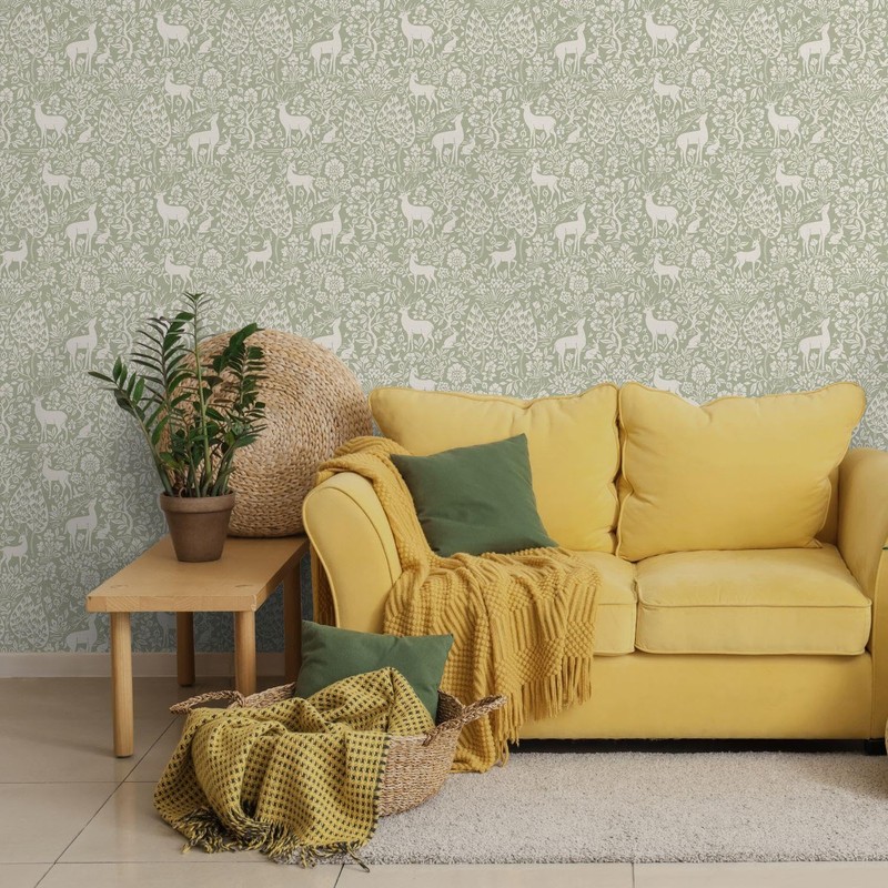YöL Deer Woods Animals Forest Sage Green Wallpaper - Contemporary