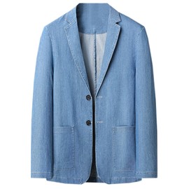Men's Denim Sport Coat Classic Notched Collar 2 Button Blazer Jacket, Blue, Large