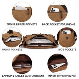 Vintage Canvas Computer Messenger Bag 15-15.6 Inch Laptop Satchel Shoulder Bag for Men Women, College Travel Office Work Briefcases, Brown