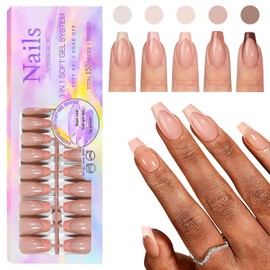 CHANGAR French Gel Nail Tips 150 Pieces Extra Short Coffin French Press On Nails with Pre-Applied Base Coat and Base Coat - No Filing Needed (Brown - Trapezoidal)