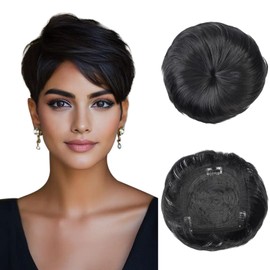 QUEENTAS Black Short Hair Toppers for Women with Thinning Hair 360°3D Cover with 3 Clips Hair Pieces Wispy Bangs 5.5"*5.5" Large Coverage(Natural Black/1B)