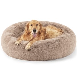 Bedsure Calming Dog Bed for Extra Large Dogs - Donut Washable Large Pet Bed, 45 inches Anti-Slip Round Fluffy Plush Faux Fur Dog Bed, Fits up to 120 lbs Pets, Camel