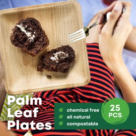 DISPOSABLE GREEN - Square Disposable Plates, Areca Leaf Serving Plates, Dinner Plates for Parties, Weddings, Catering, & More, Disposable Plates for Hot Food & Cold Food, 20 x 20 x 2 cm, 25-Pcs