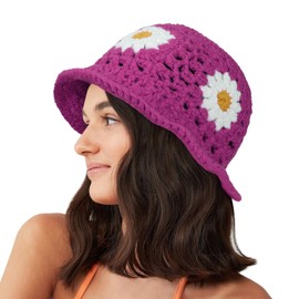 Voilipex Daisy Flower Crochet Bucket Hat Packable Short Brim Knit Fisherman Hat for Women, Rose, One Size
