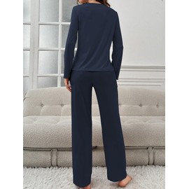 Bunanphy Soft Long Sleeve Floral Womens Pyjamas Set Two Piece Sleepwear Set Homewear Loungewear for Ladies #A Blue Small