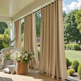 NICETOWN Weighted Outdoor Curtains for Patio Waterproof, Thermal Insulated Room Darkening Top & Bottom Grommets Drape, Windproof and Better Privacy for Porch, Biscotti Beige, W52 x L84, 1 Panel