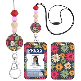 Toykee Teacher Lanyard for ID Badge Card, Daisy Hippie Flowers Women Beaded Breakaway Neck Lanyards Name Tag Badges Holder Aesthetic Work Keys Accessories