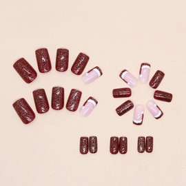 Christmas Press on Nails Medium Square Fake Nails with Christmas Hat Designs Glossy Glue on Nails Red French Tip Nails Press ons Glitter Acrylic Nails Pink Stick on Nails for Women 24Pcs