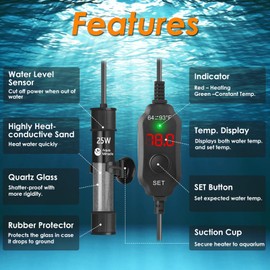AquaMiralce 25W Aquarium Heater with Compact Size, Submersible Fish Tank Heater with LED Digital Display Thermostat, Adjustable Fish Heater Turtle Heater for 3-5 Gallon Tanks