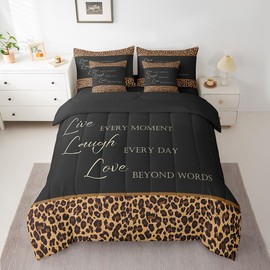 Castle Fairy Leopard Print Reversible Comforter Set 7 Piece King Size,African Wild Animal Fur Pattern Bed Sheet Set Cheetah Skin Brown Black Bedding Set with Comforter,Fitted & Flat Sheet