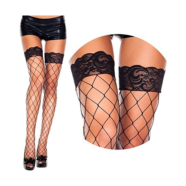 [MUSICLEGS] Big Diamond Net Lace Top Tie High Stockings Net Tights Garter Stockings Knee High Women's Color Tights [3 Color] (Black)