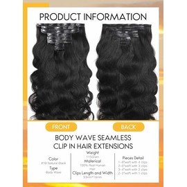 Caliee Extensiones de Cabello con Clip, Estilo Ondulado Natural, Cabello Humano, 115 G, Negro Natural, 8 Piezas, Trama de Poliuretano, Sin Costuras, S