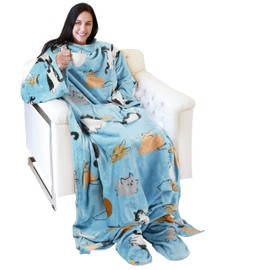 Catalonia Wearable Fleece Blanket with Sleeves and Foot Pockets for Adult Women Men, Micro Plush Comfy Wrap Sleeved Throw Blanket Robe Large, Blue Cat