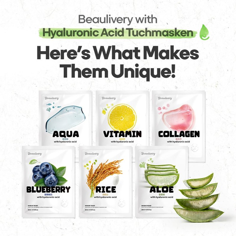 BEAULIVERY Cloth Mask 6 Pieces with Hyaluronic Acid, Sets of