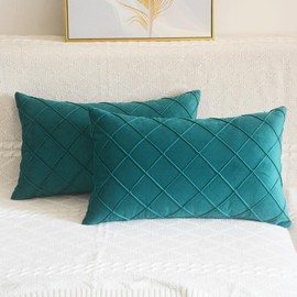 Lutanky Checked Design Oblong Velvet Cushion Covers 30 x 50 cm Peacock Green Elegant Rectangle Throw Pillow Cases (Pack of 2) Soft Pillow Covers for Sofa Bedroom Home Decoration 12x20 Inch