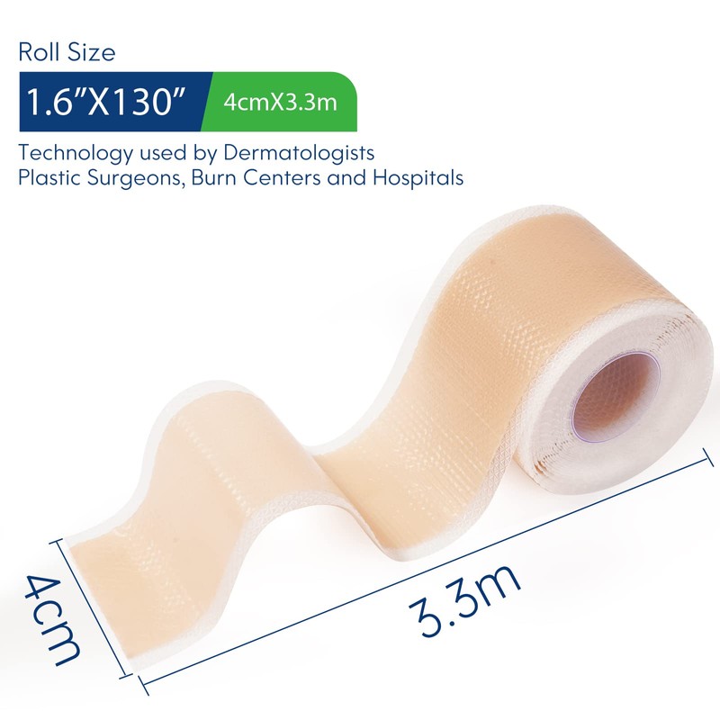 Silicone Scar Sheets (1.6”x 130”, 3.3M), Professional Silicone Scar Tape,