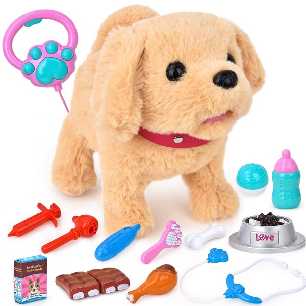 JoyGrow Play Set for Walks, Movable Plush Dog, Electric Type, with Voice, Pet Care Set, Children's Robot, Dog, Pet Beauty Kit, Doctor Pretend Play, Toy, Feeding, Educational Toy, Imagination, Role Play, Girls, Boys, Gift
