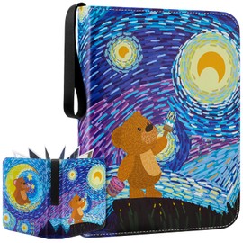 Trading Card Binder, 4 Pocket Card Binder Fits 400 Cards with 50 Removable Sleeves Cute Card Album Book PU Zip Collection Cards Holder for Game, Sports, TCG, MTG Card, Gifts For Boys And Girls (Bear)