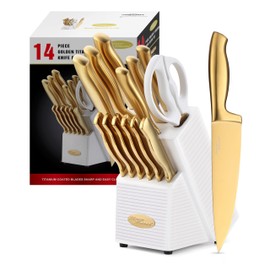 Marco Almond® Gold Knife Set, Knife Block Set MA21,Titanium Coated 14 Pieces Stainless Steel Chef Gold Kitchen Knife Sets with White Block
