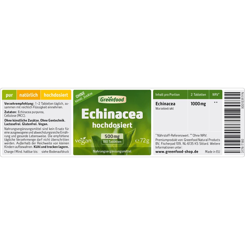 Greenfood Echinacea, 500 mg, high dose, 180 tablets, vegan