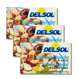 Del Sol Jumbo Squid in Garlic Sauce - Calamari Jumbo Al Ajillo - Gift Pack of 3, 4 oz. Tins