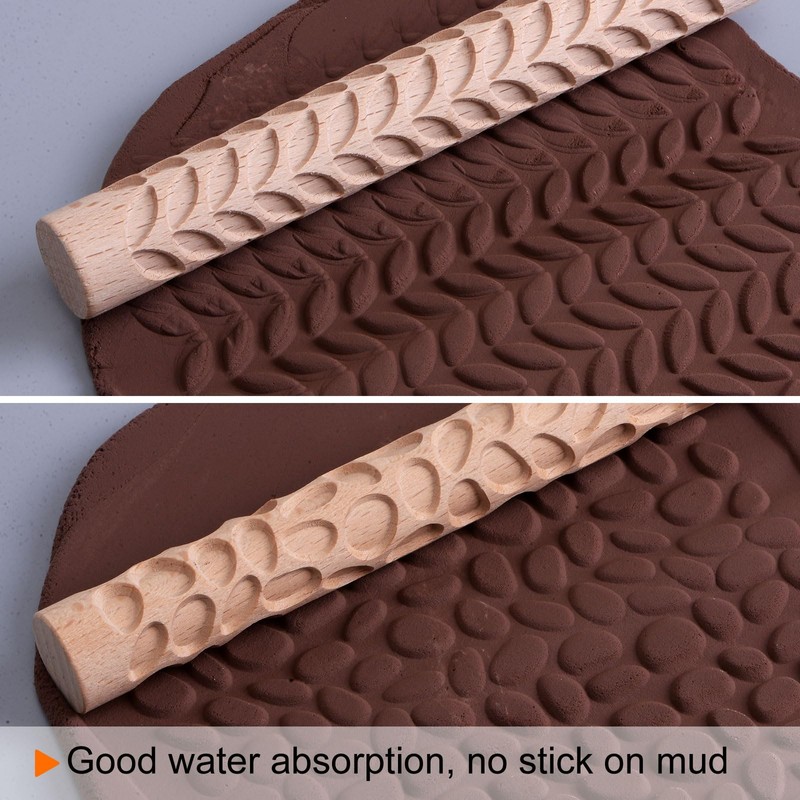 sourcing map 2pcs Wood Clay Roller Pebbles + Leaves Pattern
