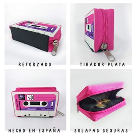 MANCHA DE CREACIÓN - Cassette Wallet Purse with Audio Tape Pink Zipper Original Design Retro Vintage for Women and Men, pink, vintage