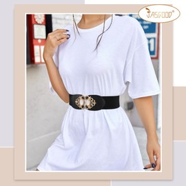 JASGOOD Wide Belts for Women Fashion Ladies Belts for Dresses Vintage Wide Stretchy Belt with Gold Buckle, Black, L