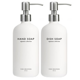 Vine Creations White Glass Soap Dispenser Set, Dish Soap and Hand Soap Dispenser Set with Stainless Steel Pump, 16 oz Glass Dispensers for Kitchen or Bathroom Decor (Matte White Bottle/Silver)