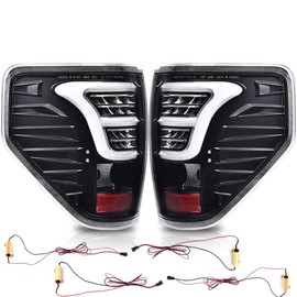 PIT66 LED Tail Lights,Compatible with Ford F150 2009-2014 Rear Taillights Brake Lamps Clear Lens Black Housing White Bar(w/white light bar&wiring harness