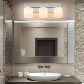 BrkNit 3 Light Modern Bathroom Light Fixtures Over Mirror, Chrome Vanity Lights for Bathroom Wall Sconces with Milky White Glass Shades, E26 Socket (Bulbs Not Included)