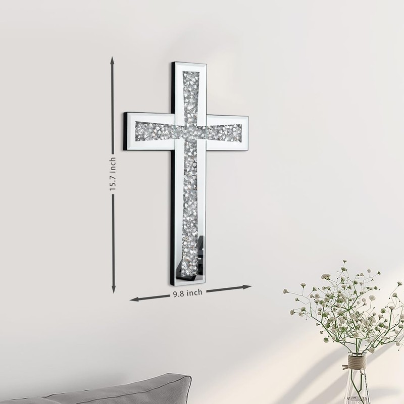 Aeveco Silver Mirrored Wall Cross 15×10 inch, Crystal Crush Diamond