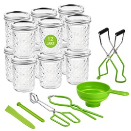 Geliwosy 12-Pack Mason Jars 16 oz with Canning Supplies Starter Kit, Wide Mouth Pint Glass Jars with Lids, Jar Lifter Tongs,Funnel,6 in 1 Canner Tools Set for Canning, Pickling (16oz Jars with Tools)
