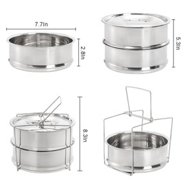 WUWEOT Stackable Steamer Insert Pans, 2 Tier Stainless Steel Pot-in-Pot Baking Pan, Pressure Cooker Accessories with Sling Handle and Silicone Gloves for 6 Quart Instant Pot