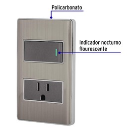 Volteck PA-APCO1-LA, Placa armada 1 interruptor sencillo y 1 contacto de 2 polos + tierra color acero línea Lisboa