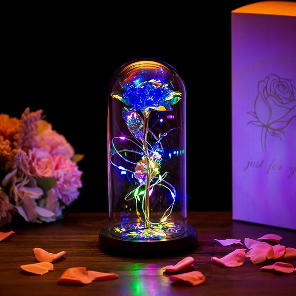 Glasseam La Bella E La Bestia Rose in Cupola di Vetro Luci A LED Crystal Rose Fiori Regalo per Compleanno Anniversario San Valentino Matrimonio Fidanzata Moglie Donne