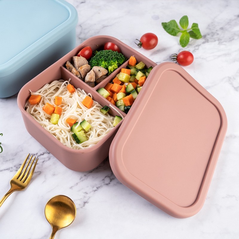 Silicone Bento Lunch Box Portable Reusable 3 Compartment Microwaveable Bento