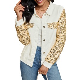 luvamia Womens Denim Jackets Party Outfits for Woman Womens Sequin Jackets Trendy Shiny Jacket Women White Jeans Jacket for Women Cream White and Gold Size Medium Fits Size 8-10