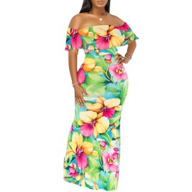 Women's Sexy Off Shoulder Maxi Dress Hawaiian Floral Evening Gown Long Dress Green-a
