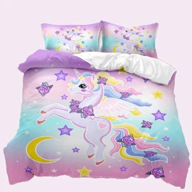TULTOAP Unicorn Bed Linen 135 x 200 cm Pink Girls Bedding Set Cute Cartoon Rainbow Unicorn Motif Duvet Cover with Pillowcase (A)